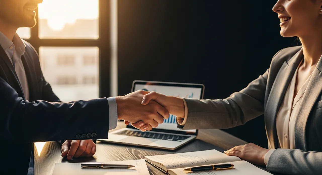 Two entrepreneurs shaking hands across a modern desk with laptops and notebooks, warm golden light reflecting professional collaboration