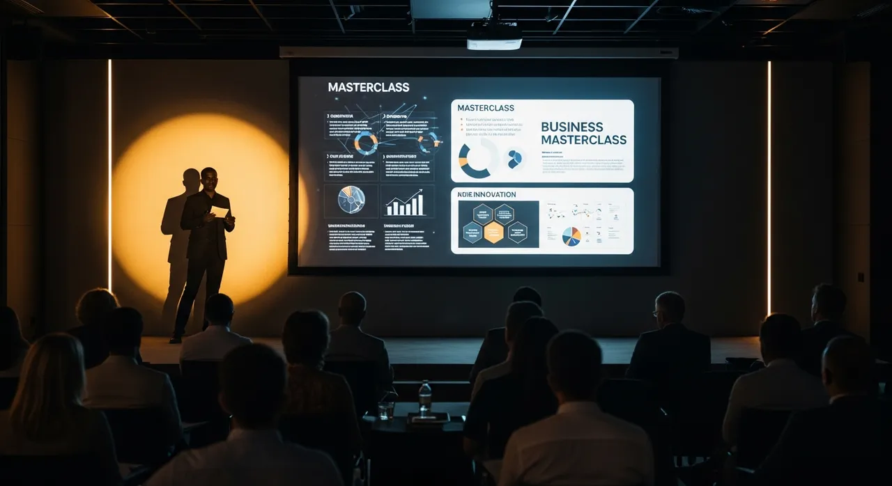 Virtual business masterclass on a large presentation screen in a dark conference room with golden spotlight on the speaker