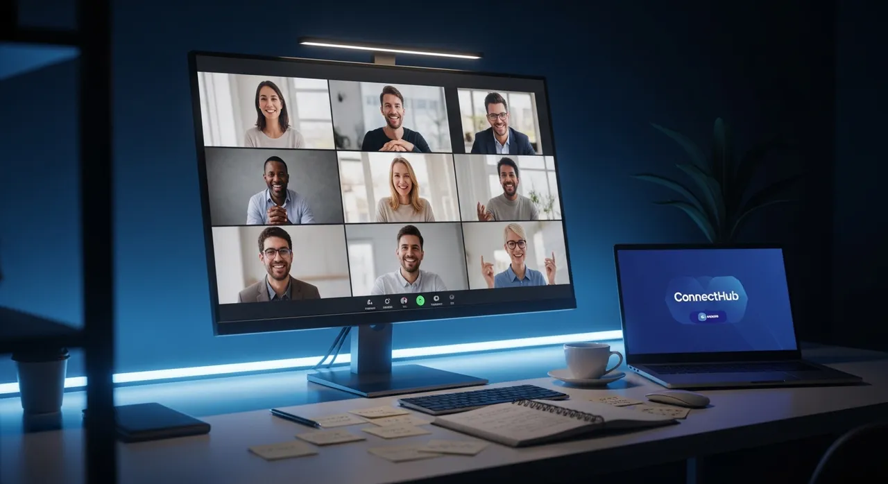 Live online networking session with multiple video call participants on a monitor in a dark moody workspace with neon blue ambient glow
