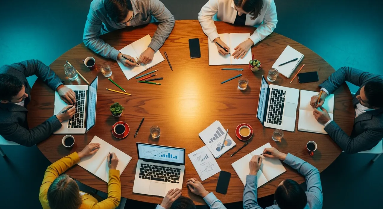 Business workshop with entrepreneurs taking notes around a round table, aerial view with warm gold and cool teal lighting