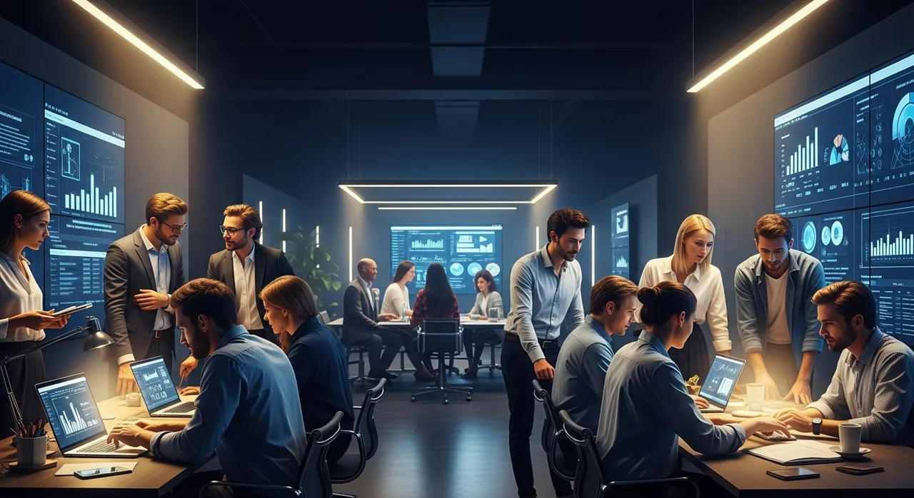 Diverse group of ambitious entrepreneurs collaborating around glowing screens in a sleek modern coworking space with deep navy and golden lighting
