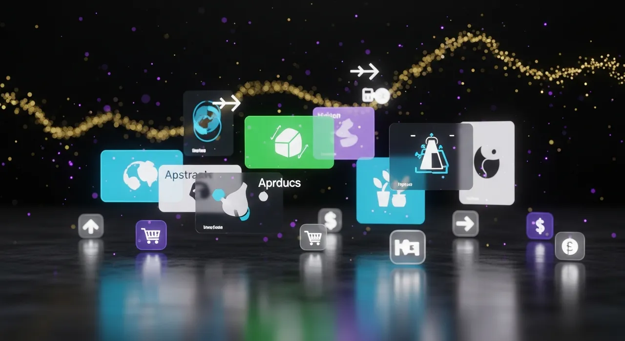 Digital marketplace concept with holographic product cards and glowing transaction icons in a futuristic gold and purple entrepreneurial commerce aesthetic
